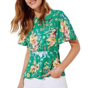 Loft Peplum Blouse Size 2 Floral Short Sleeve Back Zipper Green Multicolor Boho
